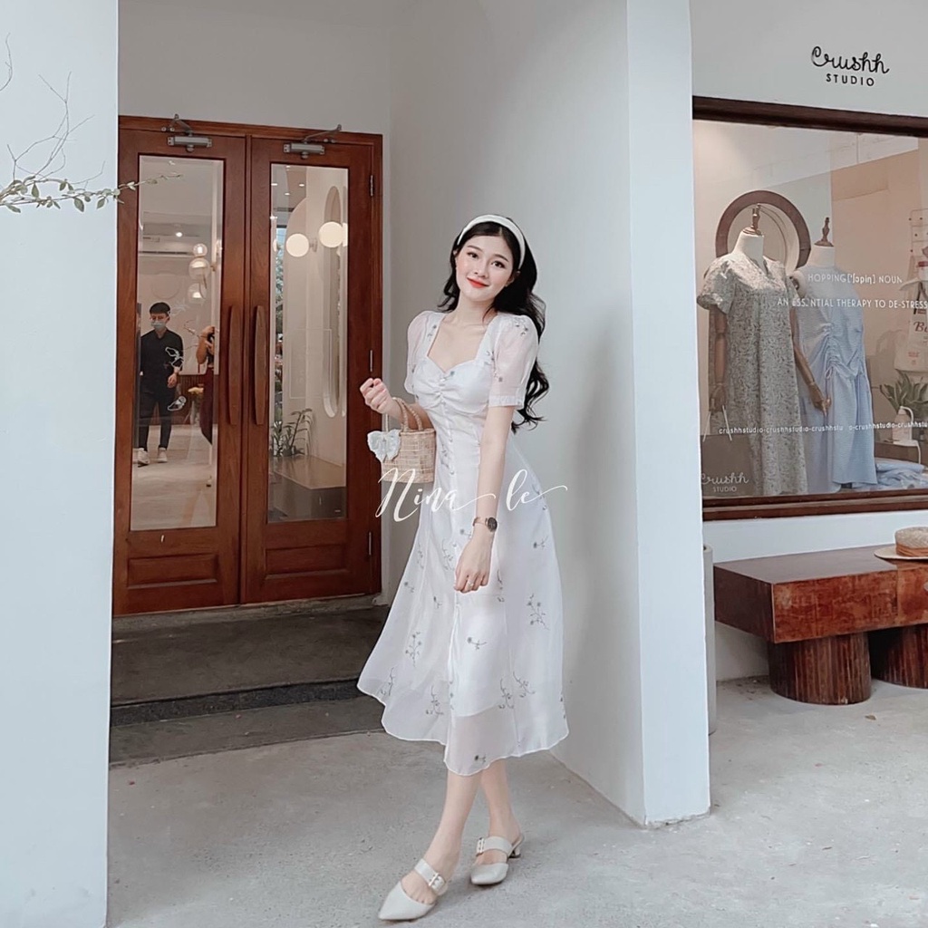 Đầm trắng dự tiệc dáng suông tay phồng họa tiết hoa phong cách tiểu thư xẻ tà sang chảnh thời trang Minh Phúc | BigBuy360 - bigbuy360.vn