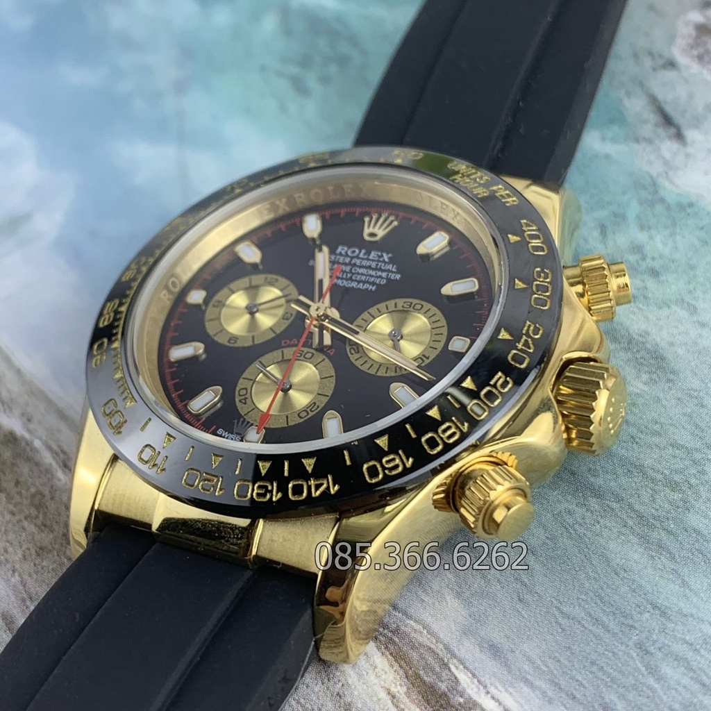 Đồng hồ nam Rolex cơ Automatic máy nhật mẫu 3 nút vàng chanh dây cao su số DẠ QUANG size 41-42mm