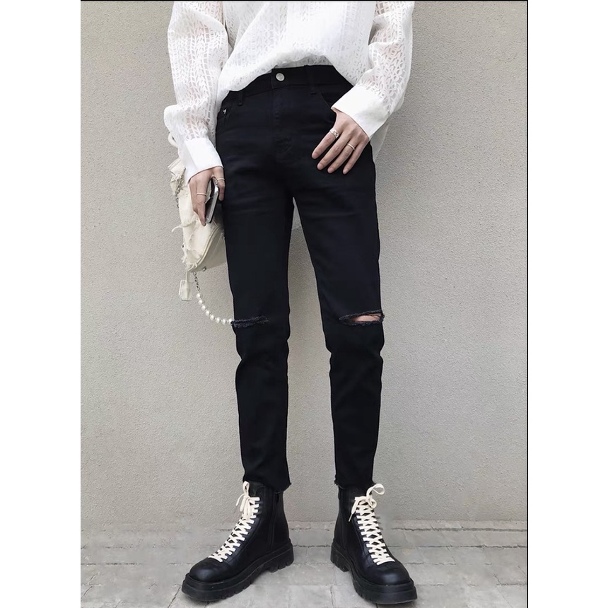 Quần jean nam màu đen rách gối vải bò co giãn from chuẩn