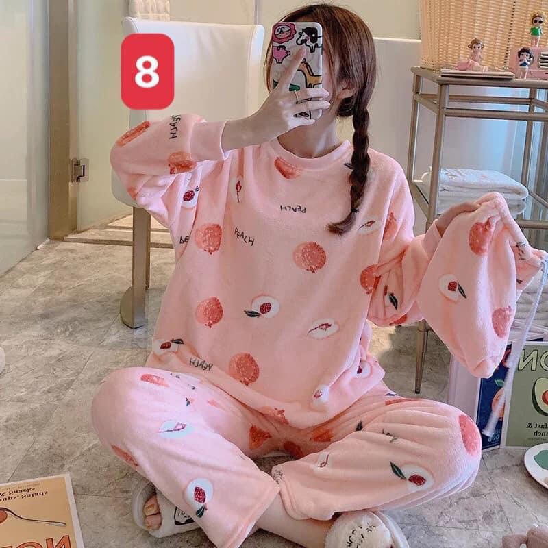 Bộ ngủ bông dài tay cute cho nữ form thụng hình đáng yêu, chất lông mềm mịn 2 mặt, dày dặn siêu ấm