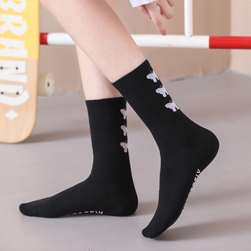 Vớ cotton cổ cao in hình bướm trắng đen phong cách Harajuku Nhật Bản cho nữ