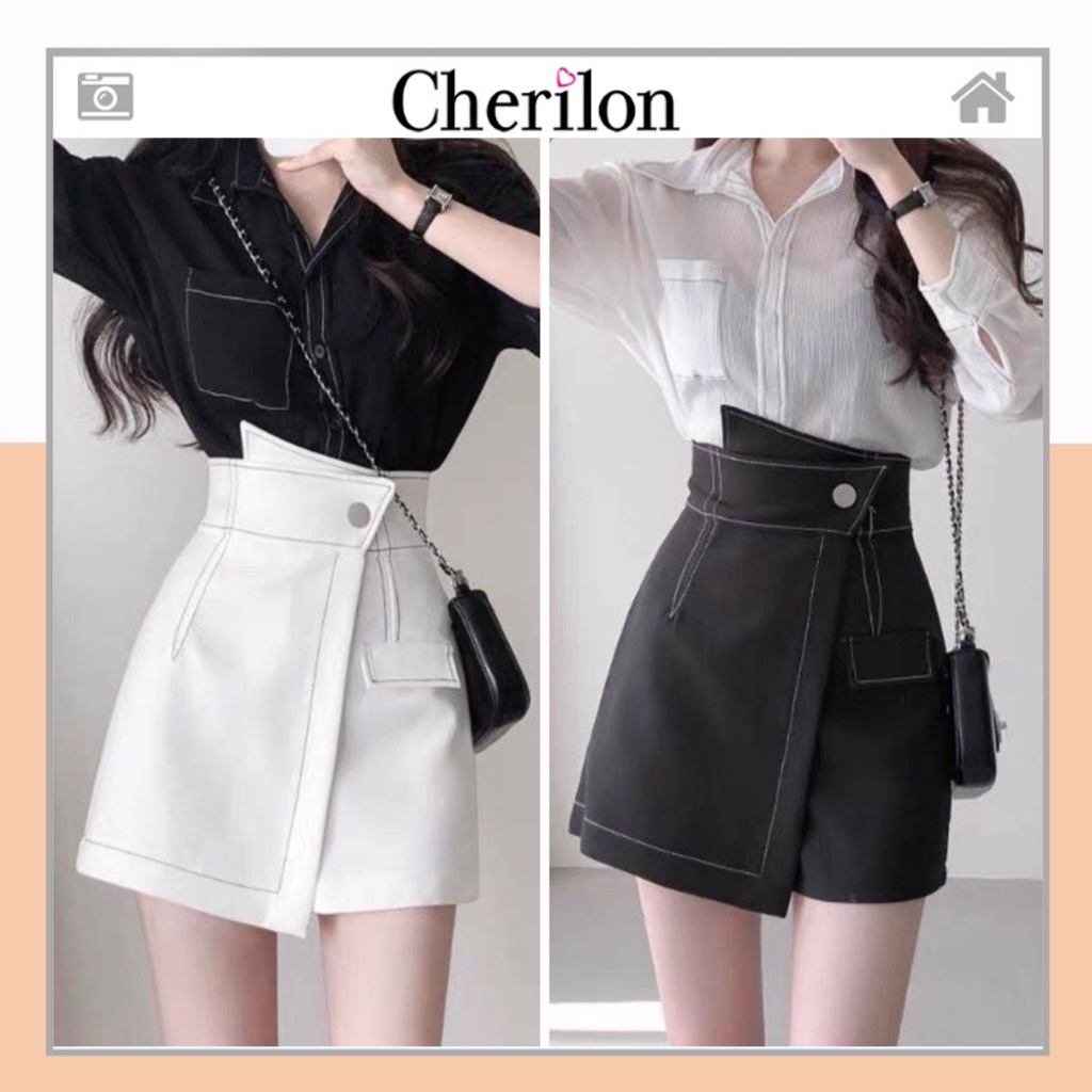 Chân váy viền chỉ nổi cạp chéo - quần giả váy lưng cao phong cách Hàn Quốc cherilon