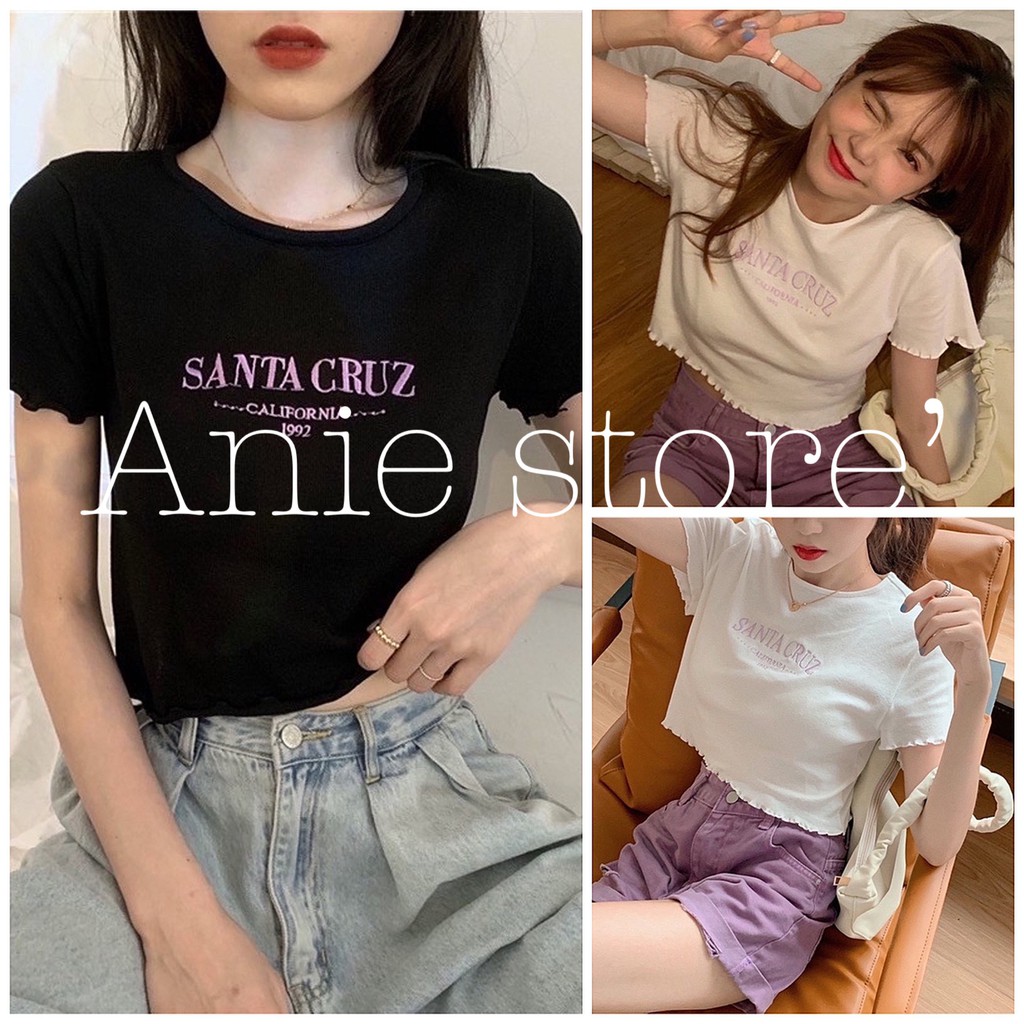 Áo Croptop Nữ Santa Cruz Viền Bèo 🦋FREESHIP🦋 Áo Ngắn Nữ Chữ Thêu 2 Màu