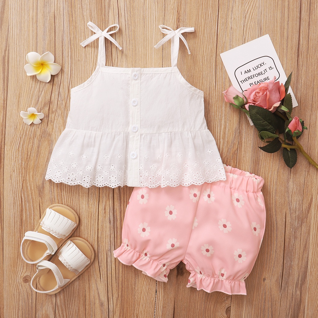 Set đồ 2 món Mikrdoo áo hai dây phối ren + quần ngắn xinh xắn cho bé gái