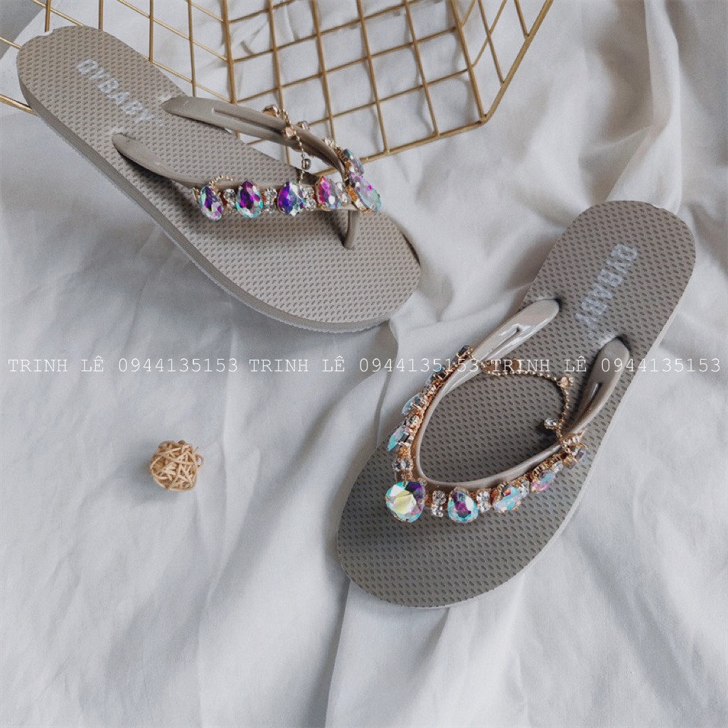 Dép Xỏ Ngón Nữ Đính Đá QC Cao 2cm Đế Cao Su Cao Cấp Êm Mềm Hot Trend TRINH LÊ SHOP GIÀY DÉP HTB66