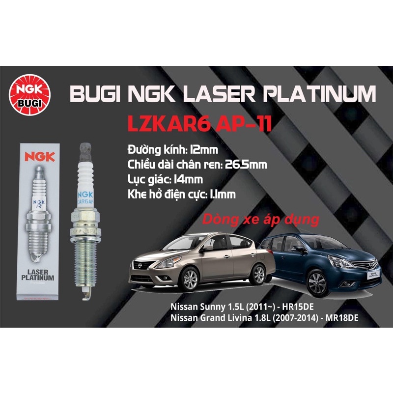 BUGI Ô TÔ NGK Chính hãng LASER PLATINUM LZKAR6AP-11 (Nissan Teana, Tida, X-trail, Sunny) cái