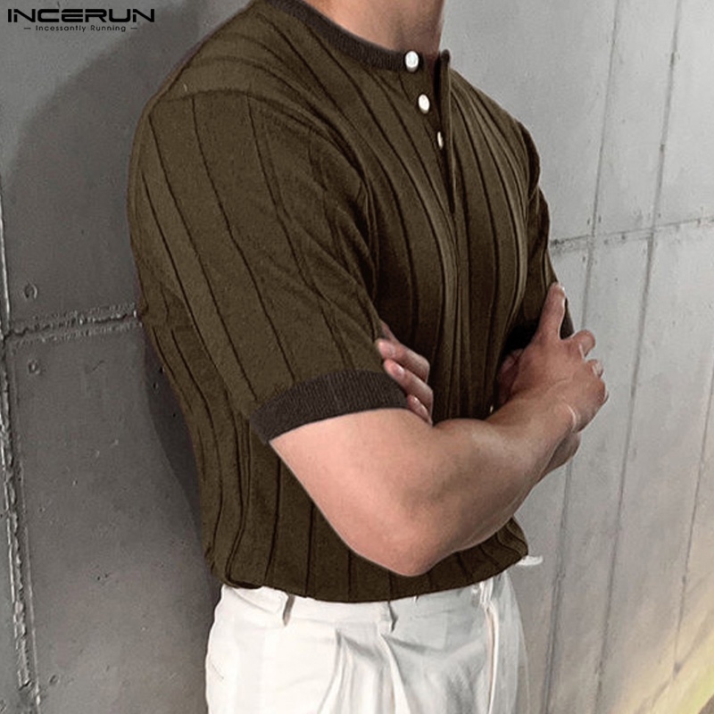 Áo thun INCERUN ngắn tay kẻ sọc thời trang sành điệu cho nam