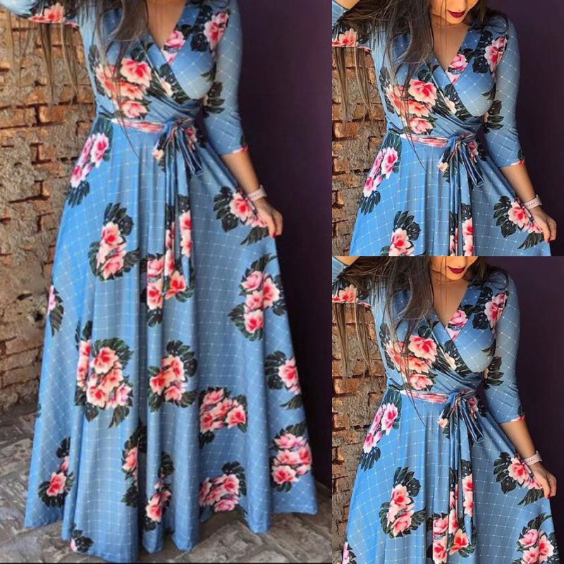Đầm Maxi Nữ Tay 3 / 4 In Hoa Phong Cách Boho Plus Size