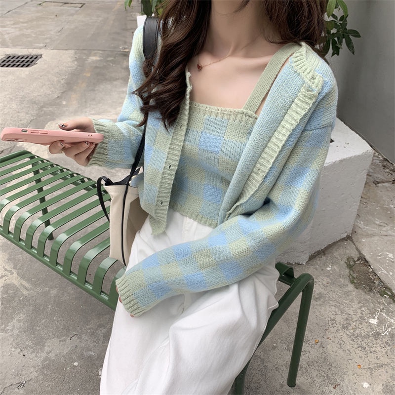 Áo Khoác cardigan Len Tay Dài Dáng Rộng Kẻ Sọc Caro Phong Cách Retro Hợp Thời Trang Cho Nữ