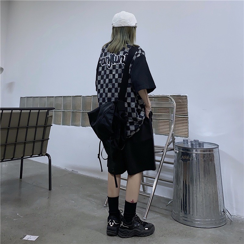 Áo sơ mi  Áo cổ bẻ form rộng unisex cộc tay bàn cờ chữ F phong cách Hàn Quốc Ulzzang PHULA nữ