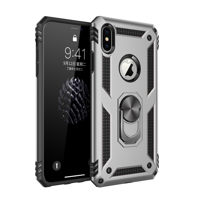 Ốp điện thoại silicon chống sốc kèm móc xỏ ngón nam châm kim loại thích hợp cho iPhone 11 Pro Max Xs Max XR X 5s SE