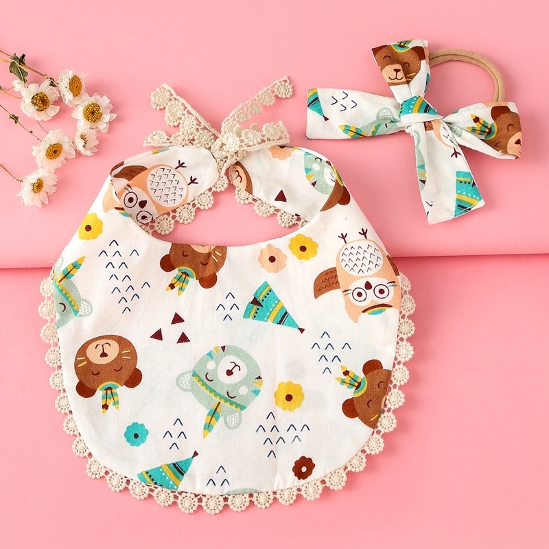 Set yếm đeo cổ kèm turban nơ xinh xắn cho bé gái 0-2 tuổi