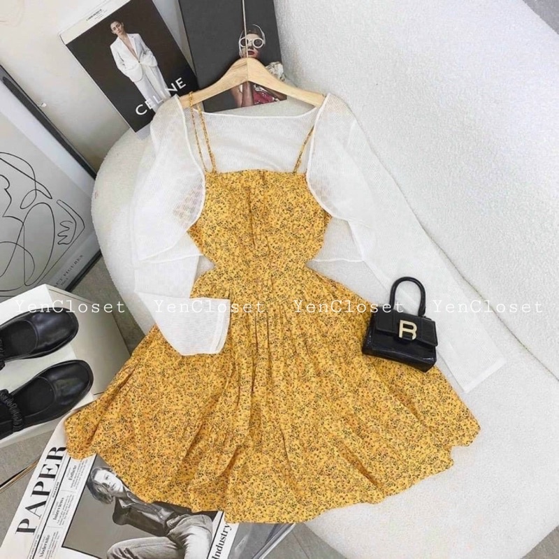 hình chính chủ YenCloset - đầm dây hoa vàng kèm áo khoác tươi tắn , xinh xắn
