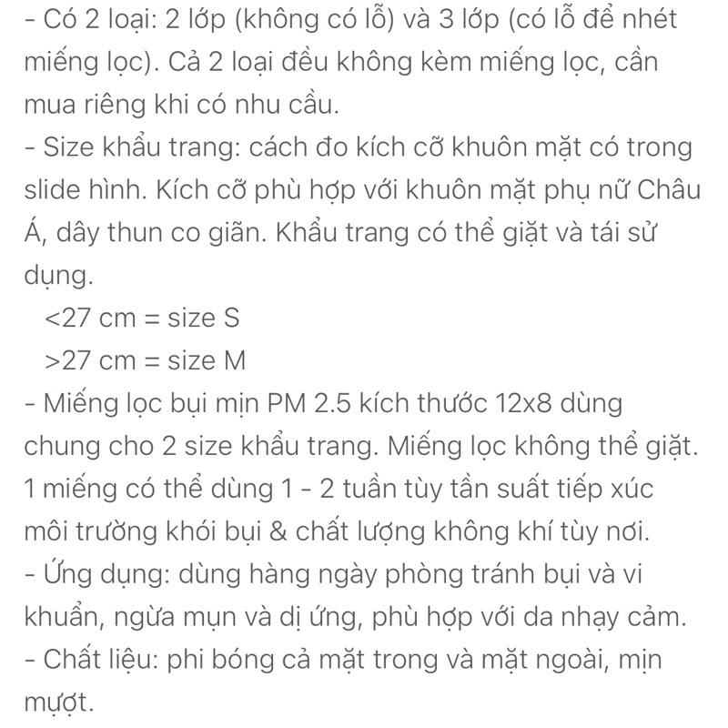 Khẩu trang phi bóng dễ thở kèm miếng lọc bụi PM 2.5 chất mềm mịn êm da ngừa mụn