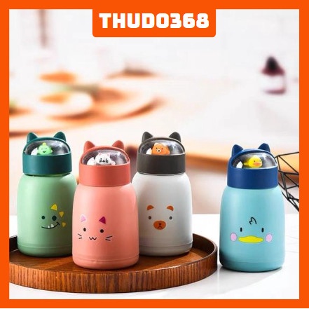Bình nước cho bé 360ml nắp thú dễ thương lõi thủy tinh bọc nhựa cách nhiệt