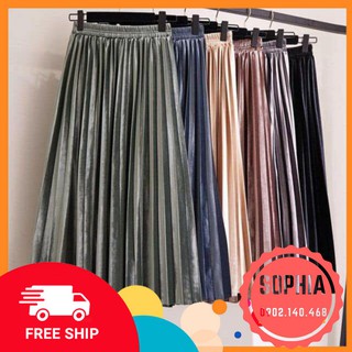 Chân váy nhung xếp ly