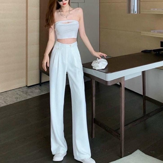 Quần vải suông cạp cao ống rộng khuy lệch siêu đẹp l1 ql