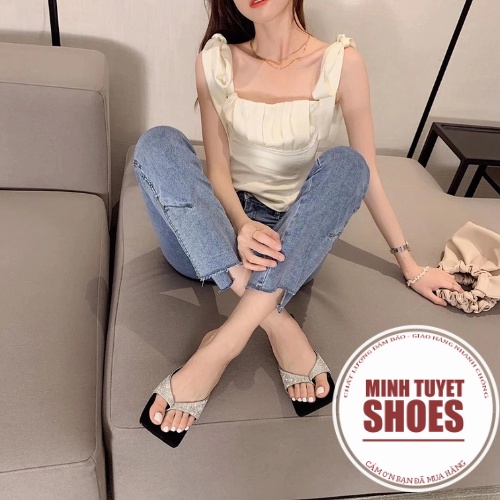 Giày Gót nhọn cao 7cm Minhtuyetshoes quai ngang  guốc nữ kiểu kẹp ngón đính đá xoàn đi tiệc