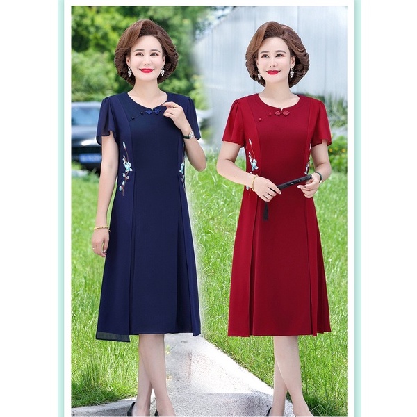 Đầm Thiết Kế Trung Niên, Mẫu Đầm Suông Cho Mẹ Chất Cotton lạnh Chiffon Thêu hoa Đào | Thời Trang NP Clothing