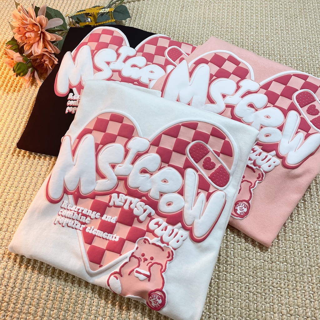 Cherryshop Sẵn sàng giao hàng 🔥Áo Thun Tay Ngắn Thời🍄 Oversize Dễ thương Ngọt Ngào Màu hồng tình yêu gấu in Áo Thun Đen trắng hồng ba màu