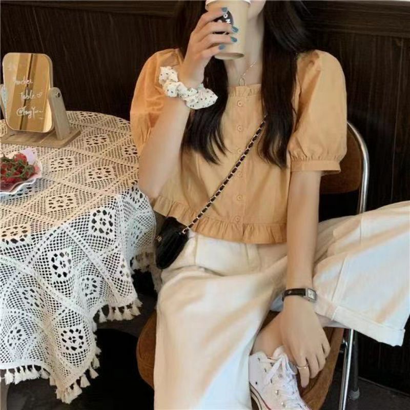 Áo Sơ Mi Nữ Tay Ngắn Viền Bèo Tay Bồng Lên Form Cực Xinh