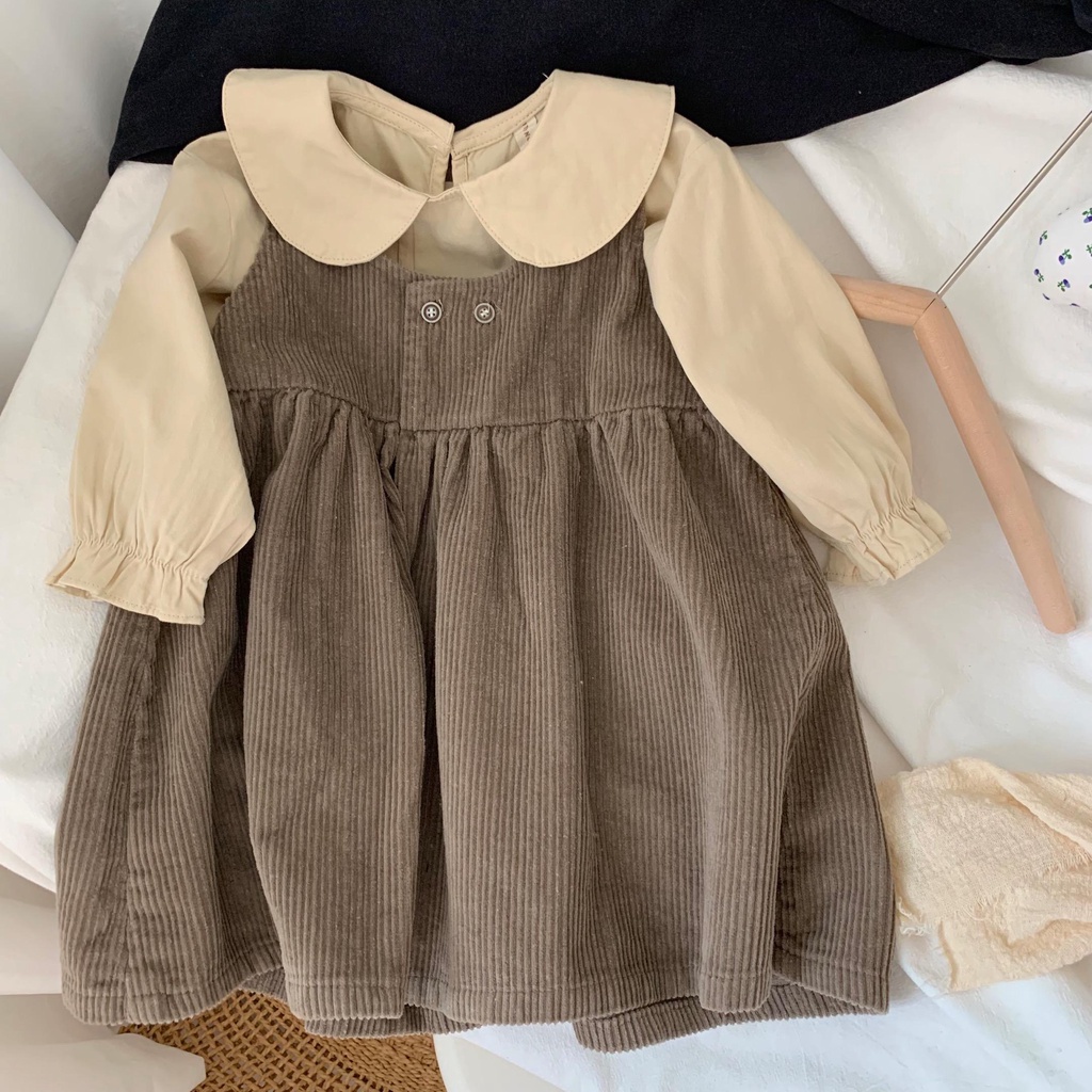 Set đầm nhung dáng rộng cổ búp bê dễ thương xinh xắn cho bé gái