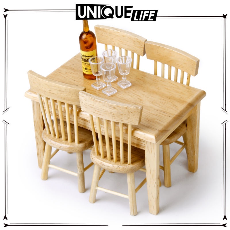 Bộ Bàn Ghế Gỗ Mini 1: 12 + 4 Ghế Màu Trắng Trang Trí Nhà Búp Bê