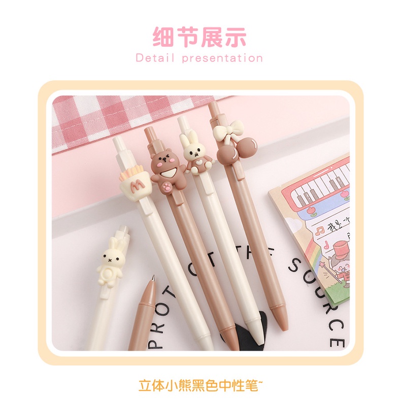 Bút Bi Bấm Gel Mực Nước Màu Đen HynBee Họa Tiết Hoạt Hình Gấu Thỏ Dễ Thương