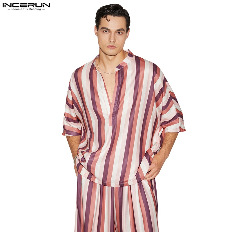 Áo sơ mi Kaftan dài INCERUN dáng rộng tay lỡ họa tiết kẻ sọc nhiều màu sắc cho nam