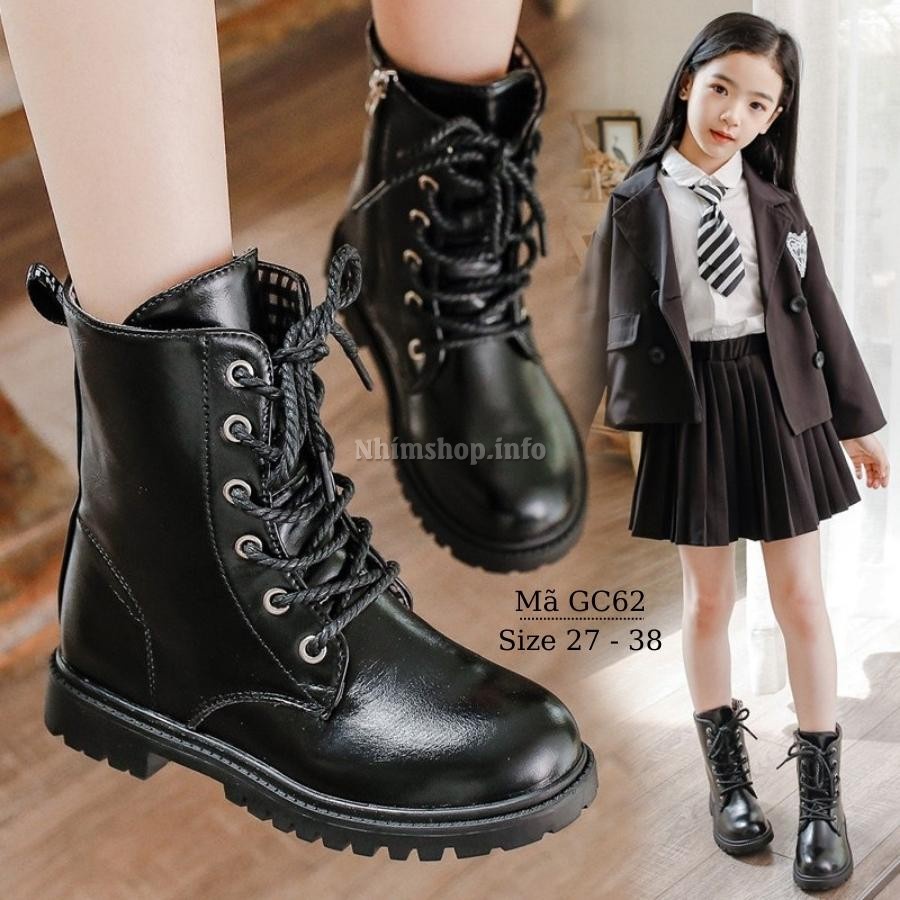 Giày boot cho bé gái - Giày cổ cao trẻ em học sinh da mềm màu đen sành