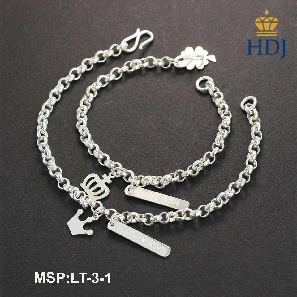 Lắc tay đôi bạc, vòng tay cặp bạc hình King - Queen khắc tên theo yêu cầu trang sức HDJ mã LT-3-1