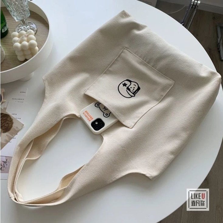 Túi tote canvas đeo vai họa tiết đơn giản dễ thương cho nữ cao cấp