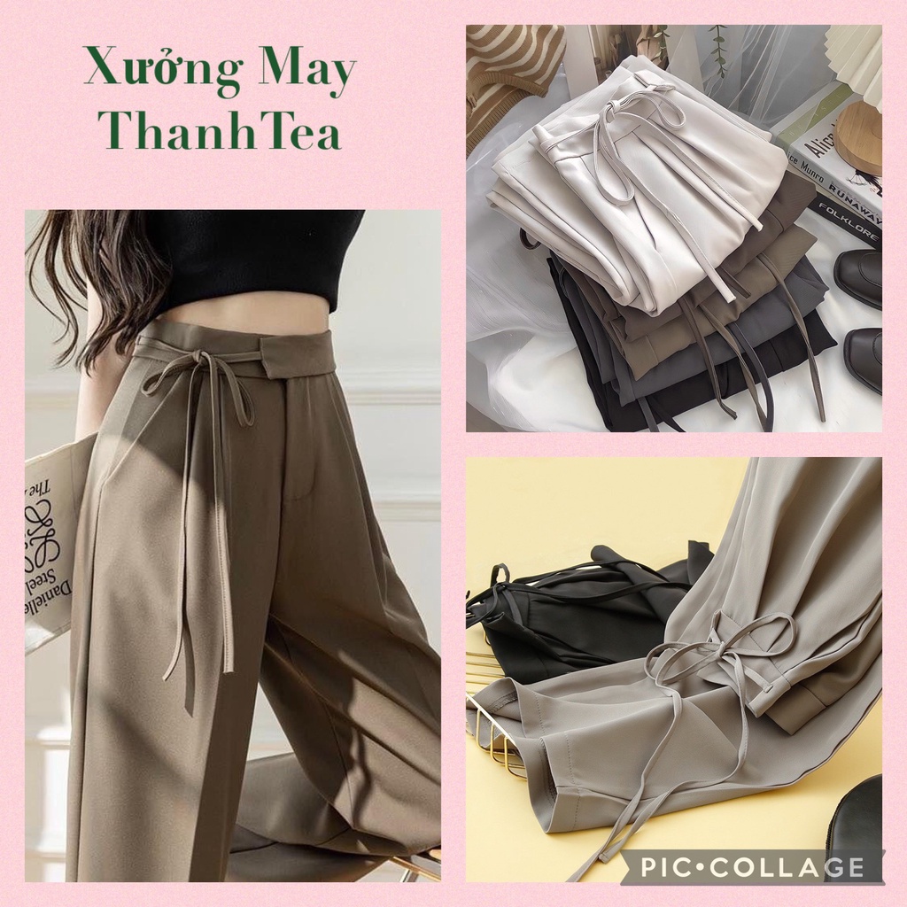 Quần ống suông dáng baggy, quần vải công sở lưng cao buộc dây chéo chuẩn form chất vải chéo hàn cao cấp ảnh thật