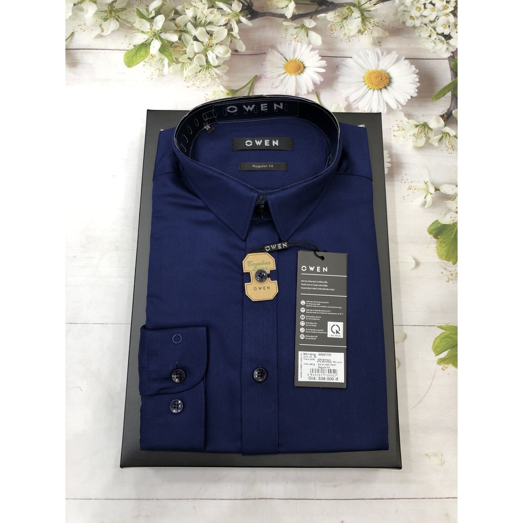 Áo sơ mi nam dài tay OWEN AR80777D somi công sở vải sợi tre cấp màu xanh navy trơn dáng suông tà lượn không túi
