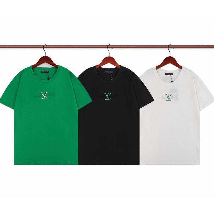 lv áo thun cotton ngắn tay dập nổi họa tiết cổ điển màu xanh lá thời trang unisex