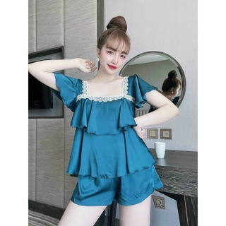 đồ ngủ lụa 2 dây satin quần đùi phối ren