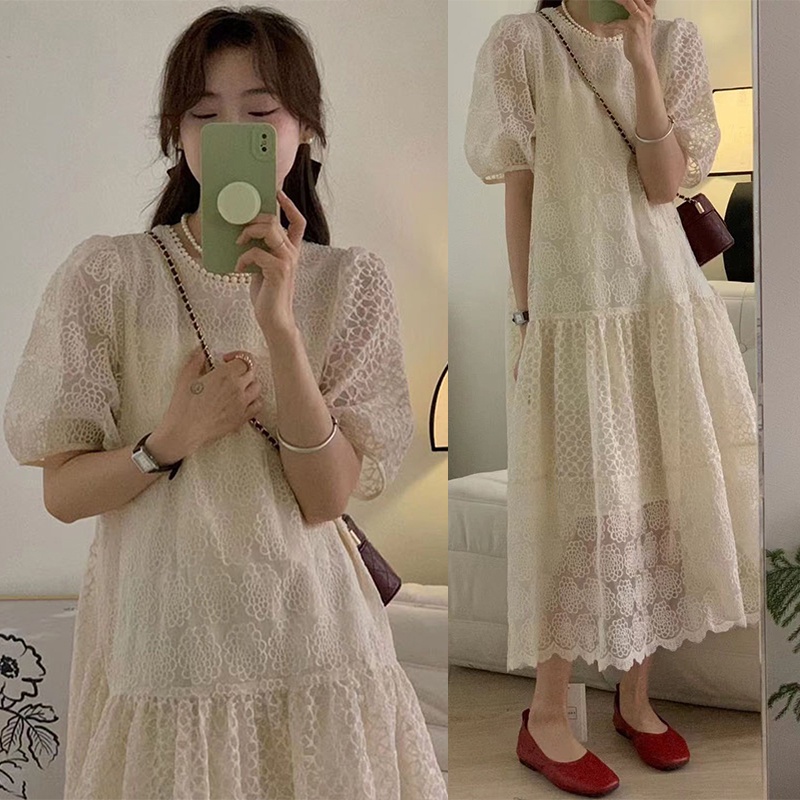 Đầm maxi Tay Ngắn Cổ Tròn Phối Ren Hoa Phong Cách Hàn Quốc Thời Trang Mùa Hè Cho Nữ Mới