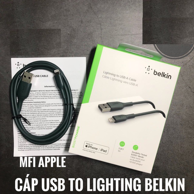 Cáp sạc Lighting cho Iphone/Ipad Chuẩn MFI BELKIN Vers(màu xanh bóng đêm)/trắng - Chính hãng