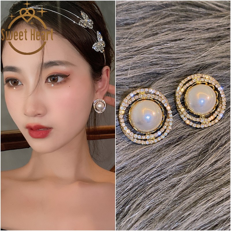 Bông tai mạ bạc S925 hình tròn đính ngọc trai thời trang