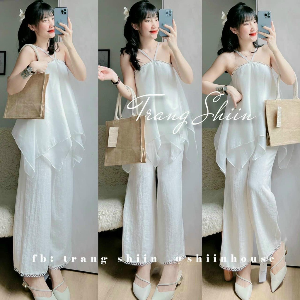 SET ÁO TRẮNG 2S VIỀN REN CỔ YẾM + QUẦN Suông💐
