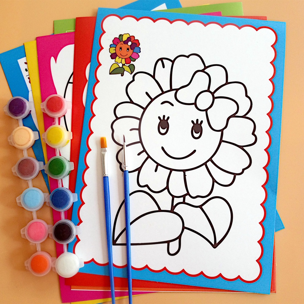 Tranh tô màu nước cho bé bộ 2 tranh ,1 vỉ màu và cọ