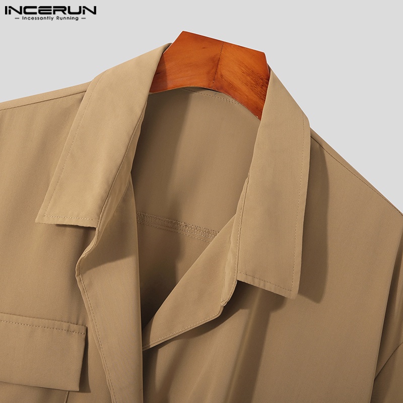 Áo sơ mi INCERUN tay ngắn có cổ thiết kế bất đối xứng thời trang cá tính cho nam