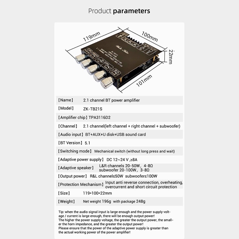 ZK-TB21S-Bảng mạch khuyếch đại âm thanh Wuzhi ZK-TB21S 50W*2 + 100W Chip 3116D2 Bluetooth 5.1 chính hãng