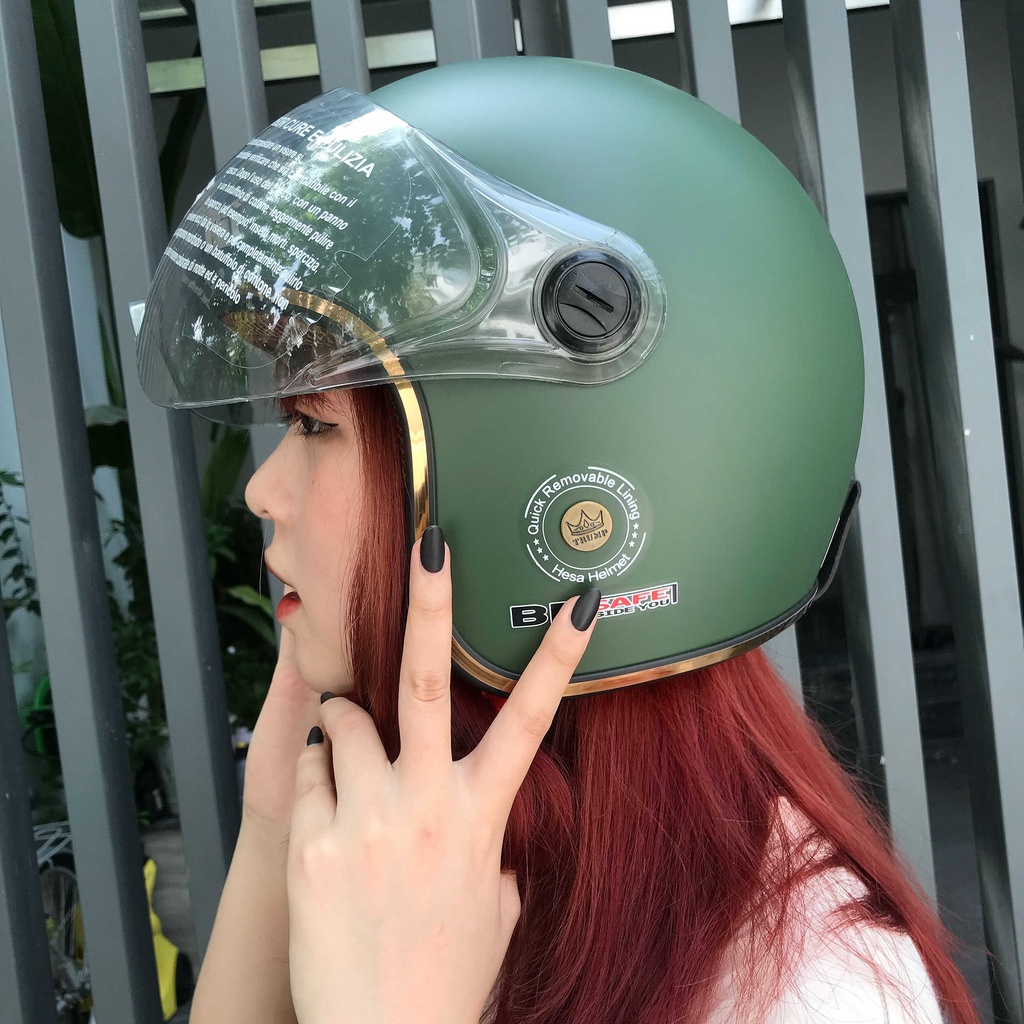 Mũ hảo hiểm 3/4 trùm đầu cao cấp xanh lính có kính hàng chính hãng bảo hành 12 tháng