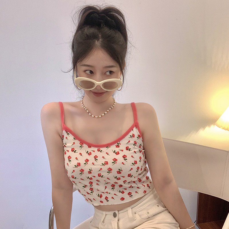 Áo Croptop Sát Nách Cổ Chữ V Ôm Dáng In Họa Tiết Hoa Nhí Xinh Xắn Phong Cách Hàn Quốc