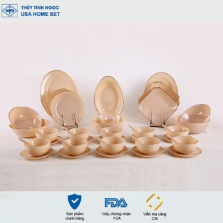 Bộ bát đĩa 48 sản phẩm viền vàng 22K Luxury màu nâu Topaz Thủy Tinh Ngọc USA Home Set cao cấp nhập khẩu chính hãng