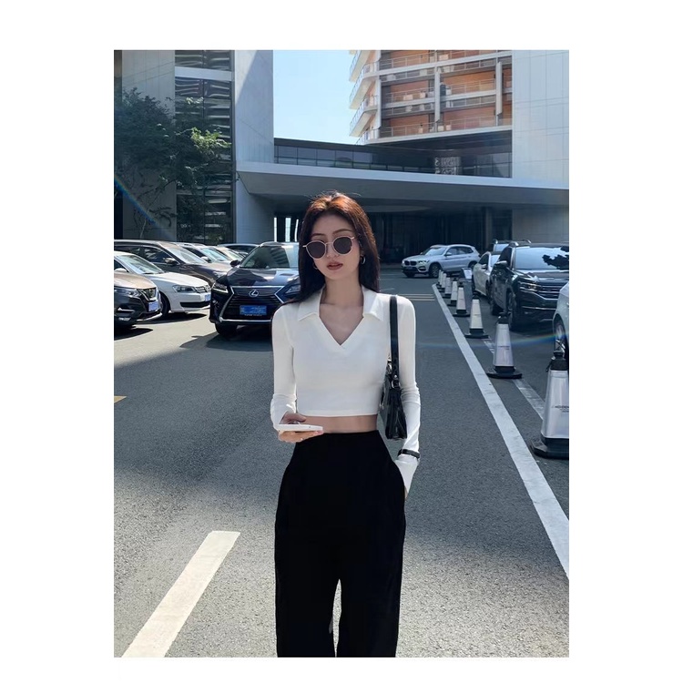 Áo Croptop Tay Dài Cổ Chữ V Phong Cách Hàn Quốc