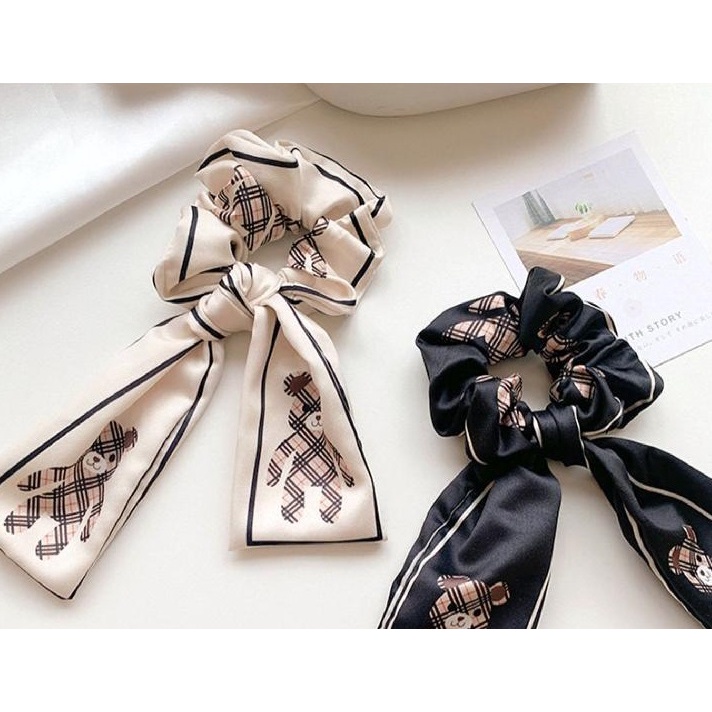 Cột tóc scrunchies hàn quốc họa tiết gấu và sọc cực xinh Tiluca S51
