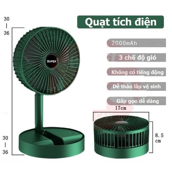 Quạt Tích Điện Mini gấp gọn - Quạt Mini Để Bàn Xoay 180 Độ, 3 Tốc Độ Gió, Pin Sạc USB Ở Bàn,Ô tô, Treo tường