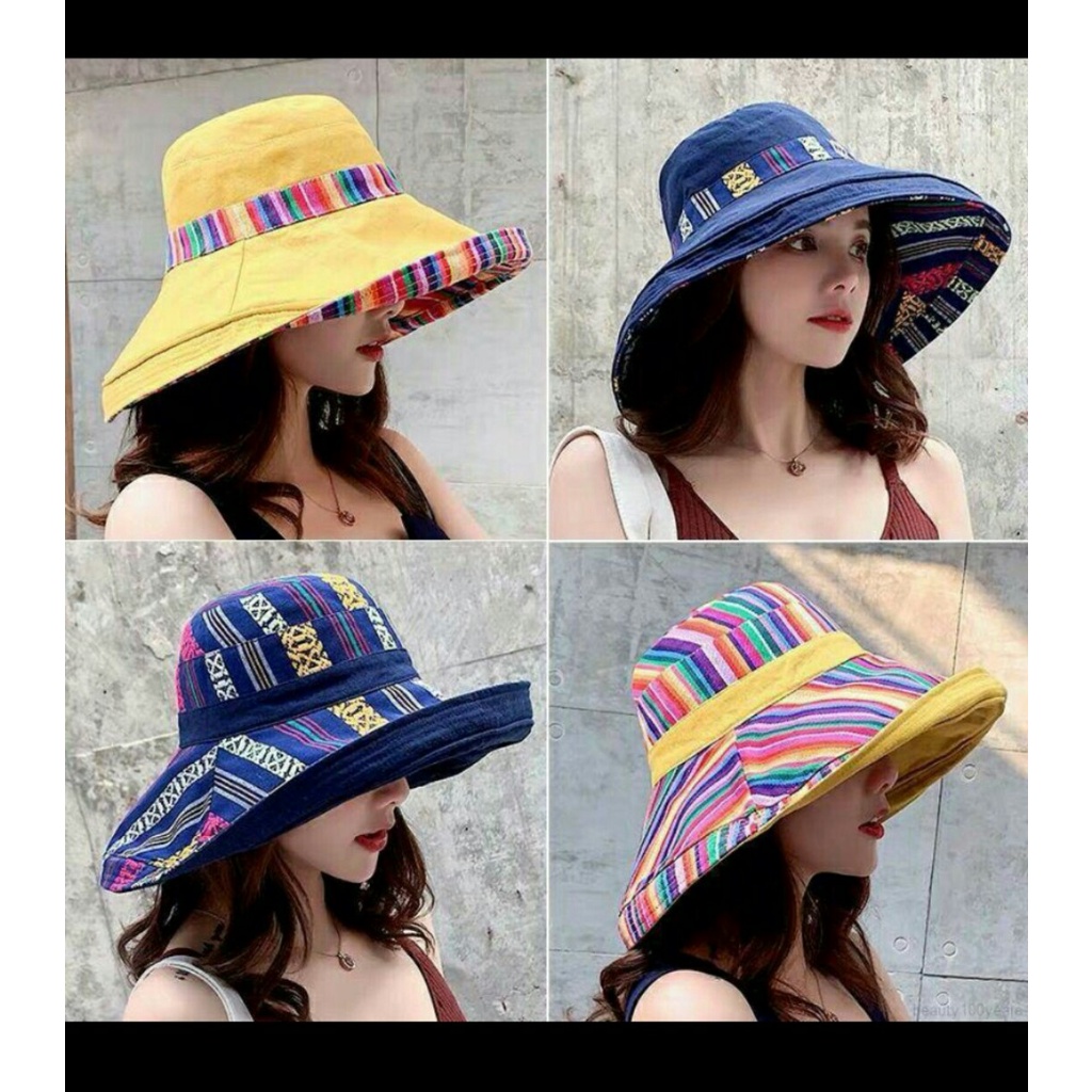 NÓN MŨ VẢI VÀNH RỘNG 2 MẶT CÓ HOA VĂN THỔ CẨM